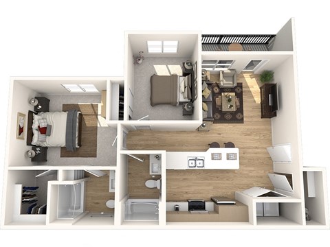 Floor plan for 2 beds, 2 baths, 970 sqft